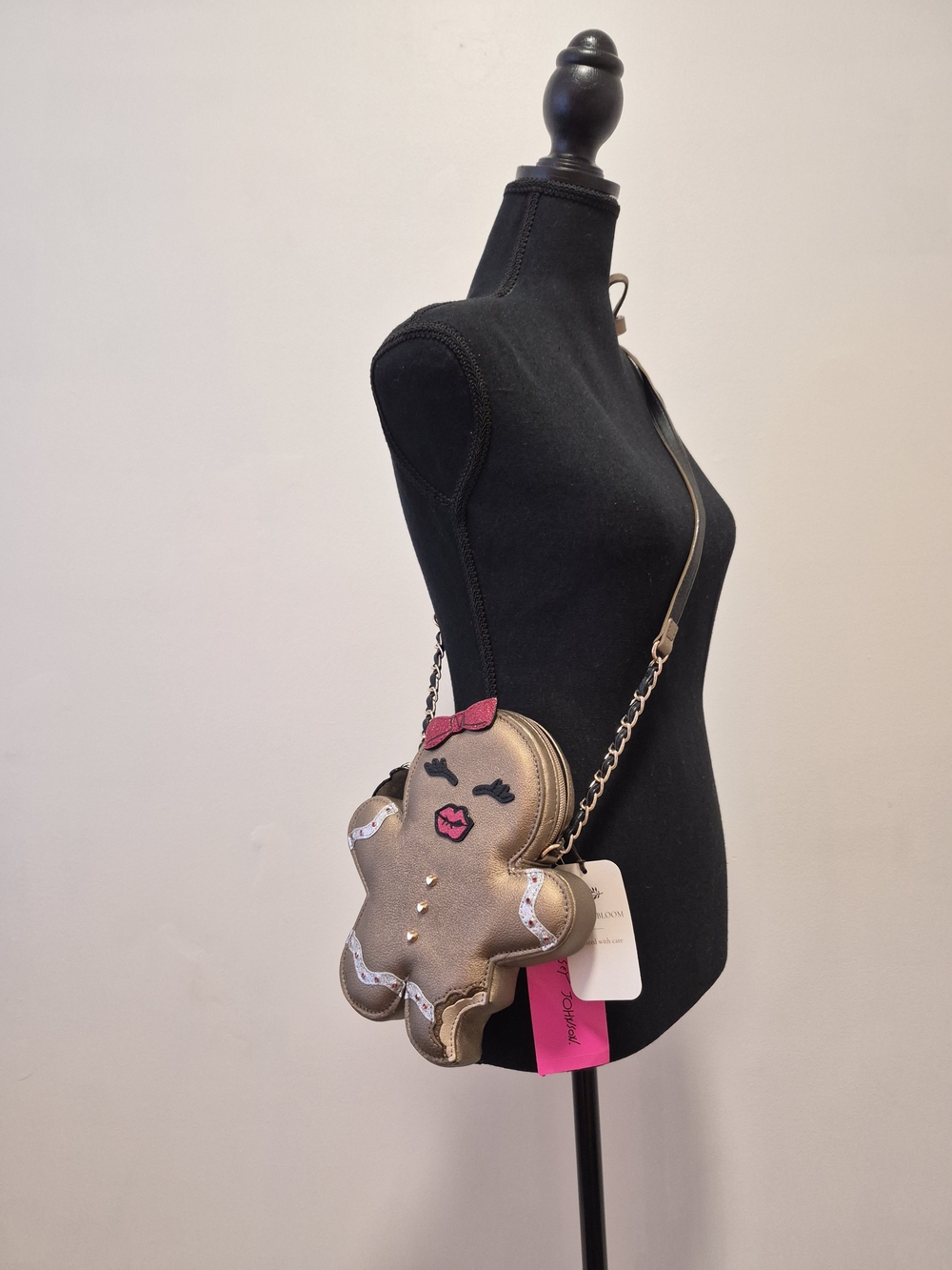 Betsey Johnson Metallic Gold Gingerbread Crossbody Bag with Pink Accents